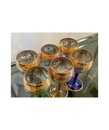 servizio di 6 calici in vetro colorato e oro Murano